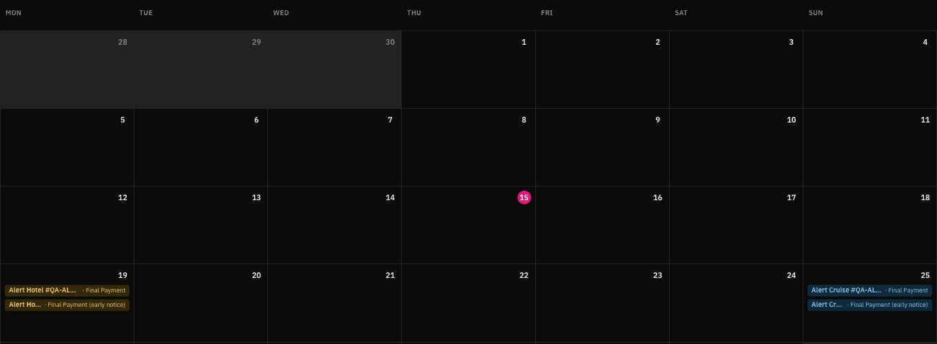 The Venselo Alerts calendar with final payment deadlines marked in the month