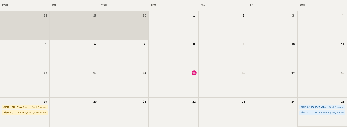 The Venselo Alerts calendar with final payment deadlines marked in the month