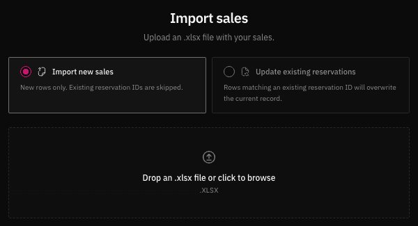 The upload step of Import sales: choose between importing new sales or updating existing reservations, and drop an .xlsx file