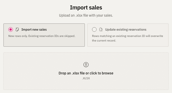 The upload step of Import sales: choose between importing new sales or updating existing reservations, and drop an .xlsx file