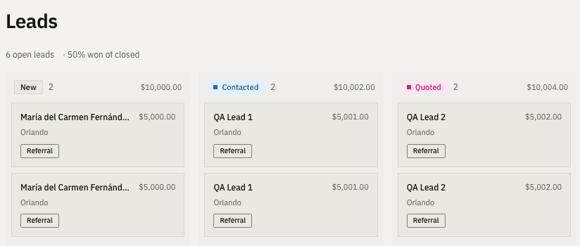 The Leads board with New, Contacted and Quoted columns